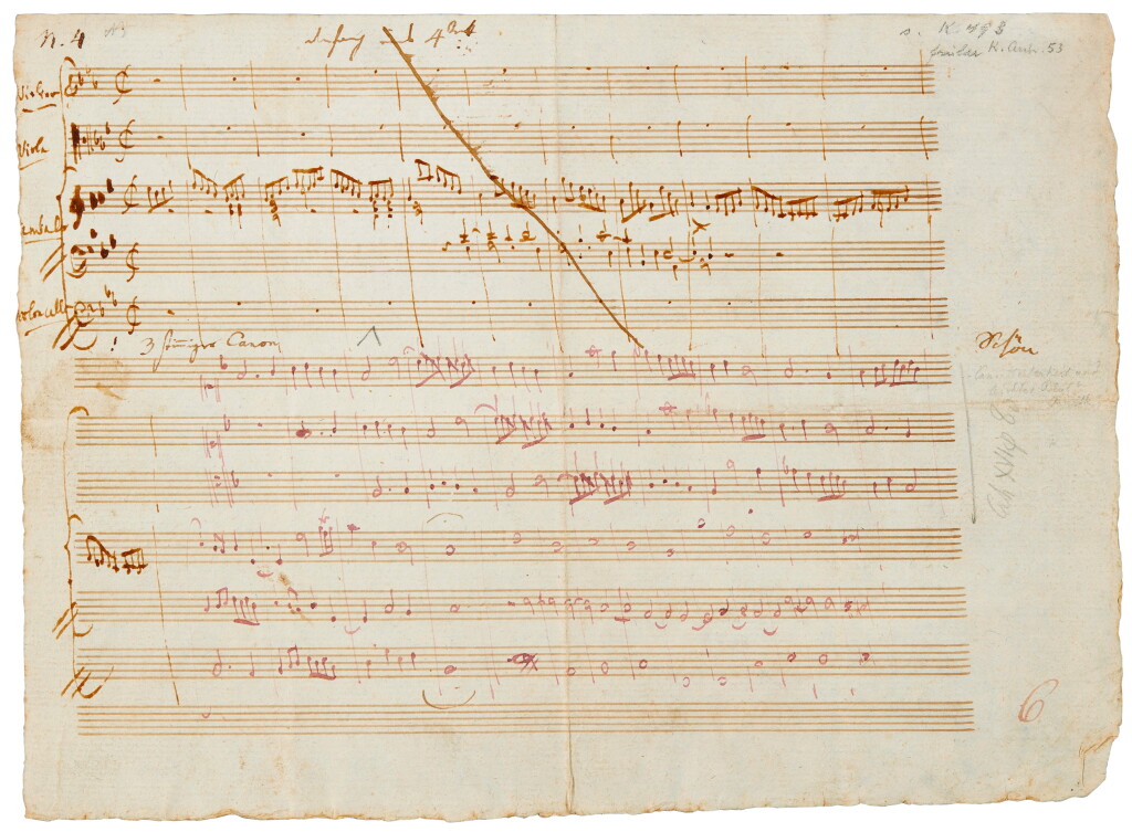 View full screen - View 1 of Lot 147. Wolfgang Amadeus Mozart | Autograph sketchleaf including a probable draft for the E flat Piano Quartet, K.493, 1786.
