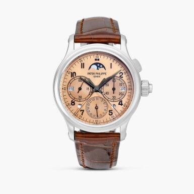 View full screen - View 1 of Lot 2591. Reference 5372 | A platinum perpetual calendar split seconds single button chronograph wristwatch with moon phases, leap year and day and night indication, Circa 2021.