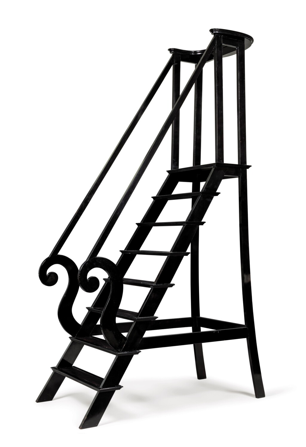 View full screen - View 1 of Lot 5. A black relacquered wood library step ladder, late 19th century - early 20th century | Escalier de bibliothèque en bois et placage de bois relaqués noir, fin XIXeme siècle - début du XXeme siècle.