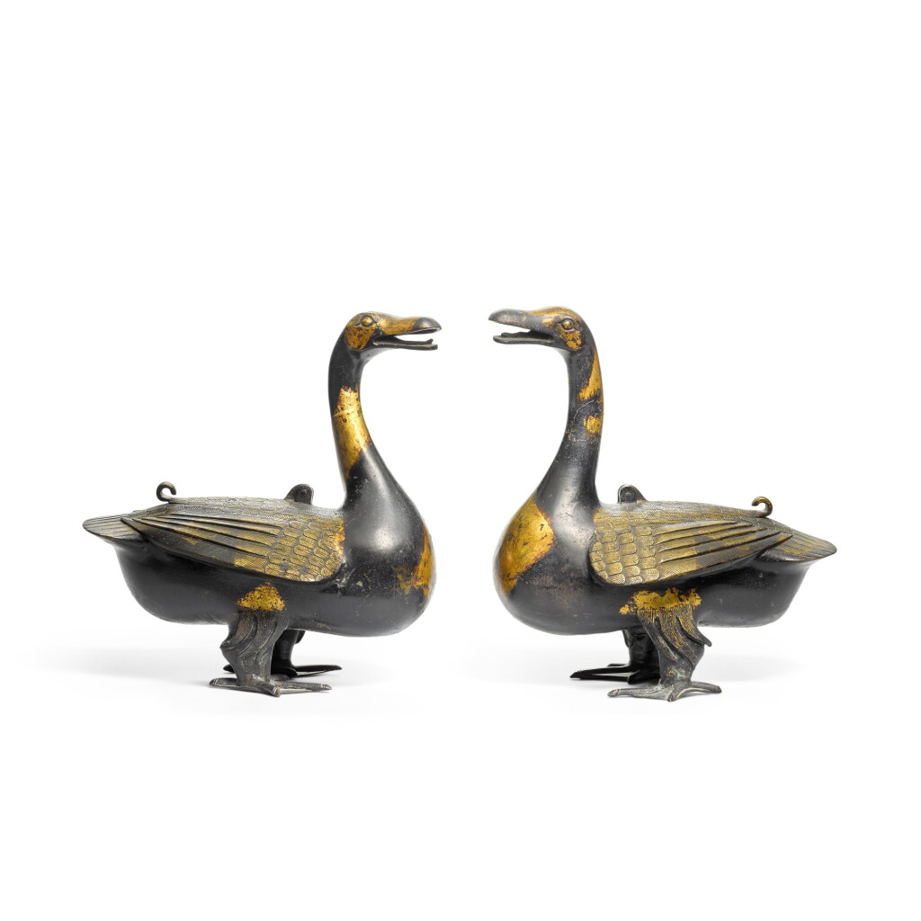 View full screen - View 1 of Lot 93. A pair of parcel-gilt bronze 'goose' censers and covers, Qing dynasty, 18th century.