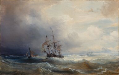 View full screen - View 1 of Lot 196. Stormy sea with sailboats off the coast of France.