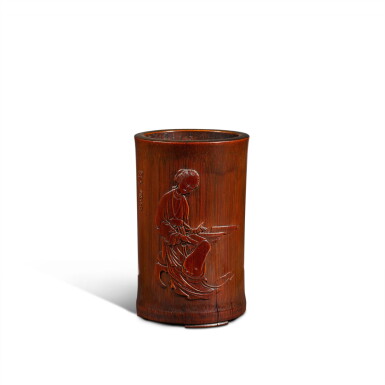 View full screen - View 1 of Lot 101. A carved bamboo ‘lady and scroll’ brushpot, Signed Zhang Buqing.