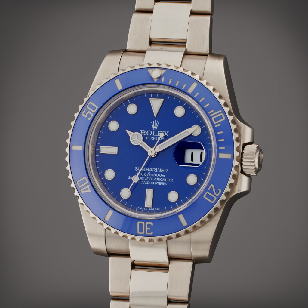View full screen - View 1 of Lot 108. Reference 116619LB Submariner 'Smurf' | A white gold automatic wristwatch with date and bracelet, Circa 2009.