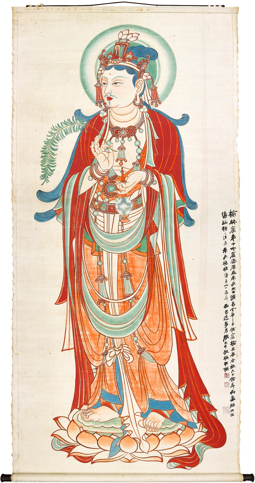 View full screen - View 1 of Lot 121. Zhang Daqian, Red Robe Avalokiteshvara | 張大千 朱衣大士 設色布本 立軸.