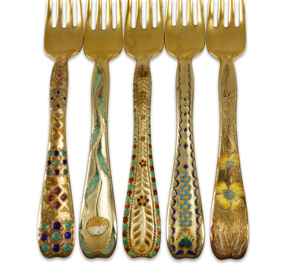 View full screen - View 1 of Lot 803. Rare American Silver-Gilt and Enamel Lap Over Edge Dessert Flatware Service, Tiffany & Co., New York, Circa 1890.