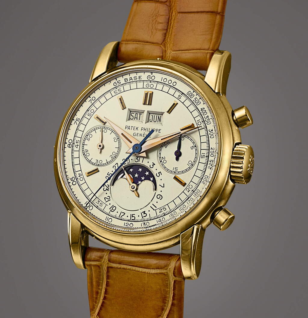 View full screen - View 1 of Lot 2021. Reference 2499, 2nd Series, The Only Known Luminous Example | A yellow gold perpetual calendar chronograph wristwatch with moon phases, luminous baton indexes and hands and original Certificate of Origin, Circa 1958 | 百達翡麗 | 型號2499 2nd Series,已知唯一備夜光範例 | 黃金萬年曆計時腕錶,備月相顯示、夜光巴頓式時標及指針,附帶原廠證書,約1958年製.