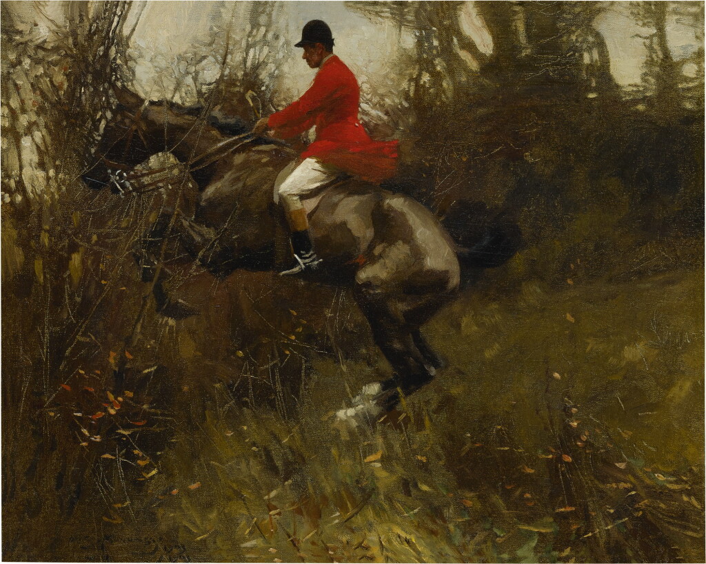 View full screen - View 1 of Lot 57. SIR ALFRED JAMES MUNNINGS, P.R.A., R.W.S. | A HUNTSMAN TAKING A DITCH.