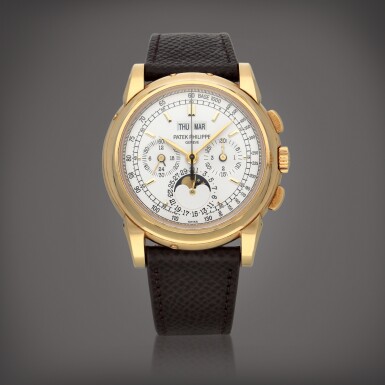 View full screen - View 1 of Lot 152. Reference 5970J A yellow gold perpetual calendar chronograph wristwatch with moon phases and leap year indication Circa 2008 | 百達翡麗 | 型號 5970J 黃金萬年曆計時腕錶備月相及閏年顯示,製作年份約 2008.