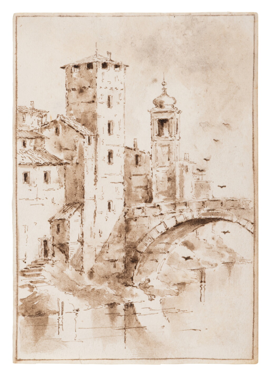 View full screen - View 1 of Lot 134. Two views of Rome: the Torre Caetani Pulzella and the campanile of Chiesa di San Giovanni Calibita on the Isola Tibertina, and the Temple of Hercules Victor with the campanile or Santa Maria in Cosmedin beyond.