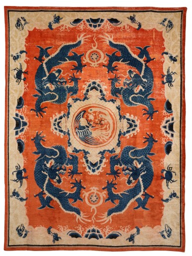 View full screen - View 1 of Lot 143. A very large orange-ground 'dragons and phoenix' wool carpet China-Tibet, 19th century | 藏傳 十九世紀 杏地龍鳳呈祥紋羊絨地毯.
