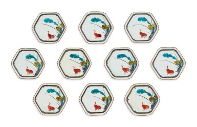 View full screen - View 1 of Lot 2188. A set of ten porcelain dishes, Ko-Kutani type, Hizen, Edo period, mid-17th century | 色絵鶉図六角皿 十枚 肥前 古九谷様式 江戸時代前期 1640~50年代.