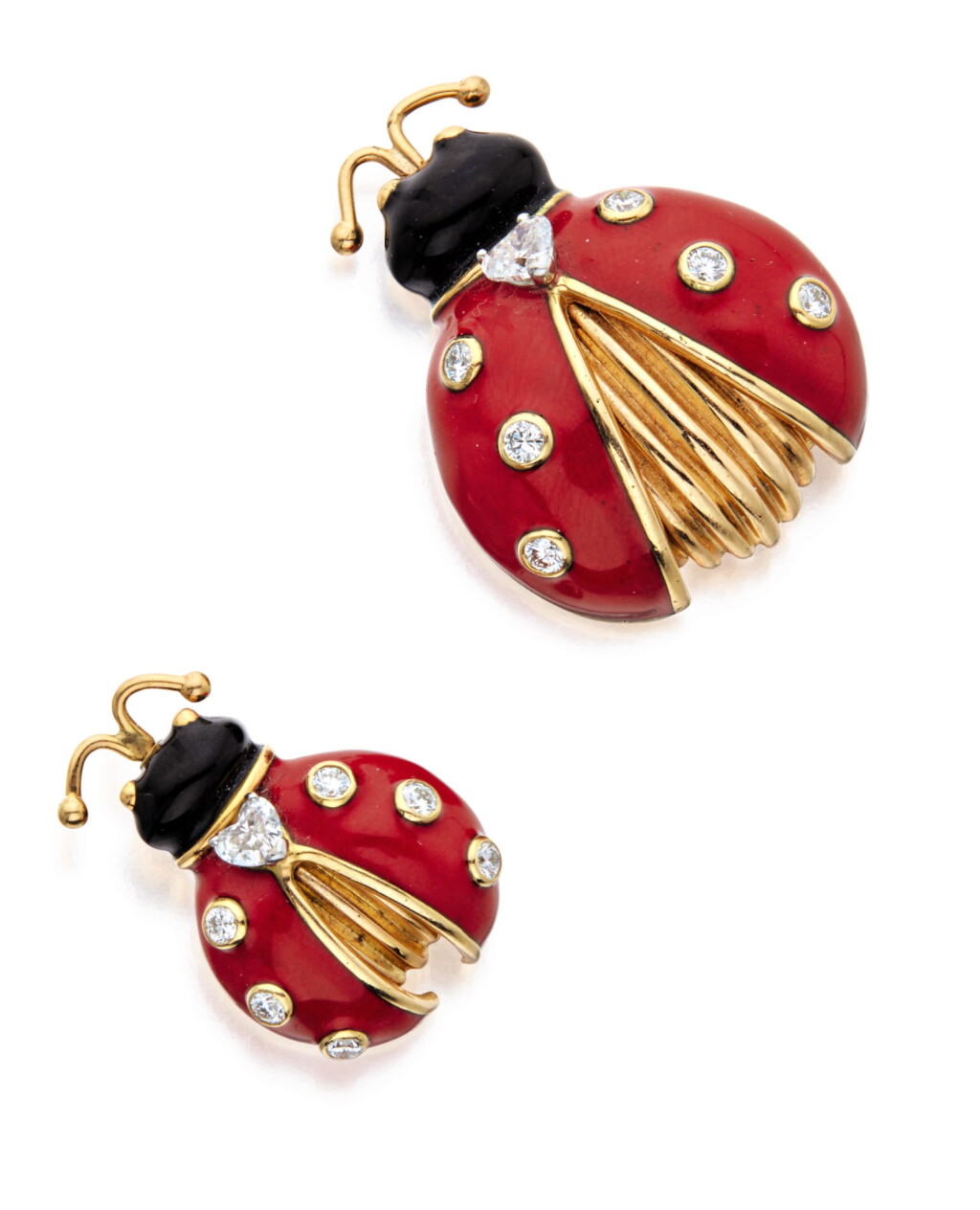 View full screen - View 1 of Lot 395. PAIR OF GOLD, ENAMEL AND DIAMOND BROOCHES, OSCAR HEYMAN & BROTHERS.