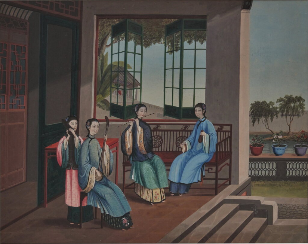 View full screen - View 1 of Lot 172. A Pair of China Trade Views of Interiors, Qing Dynasty, 19th Century | 清十九世紀 仕女庭院圖一對 設色紙本 鏡框.