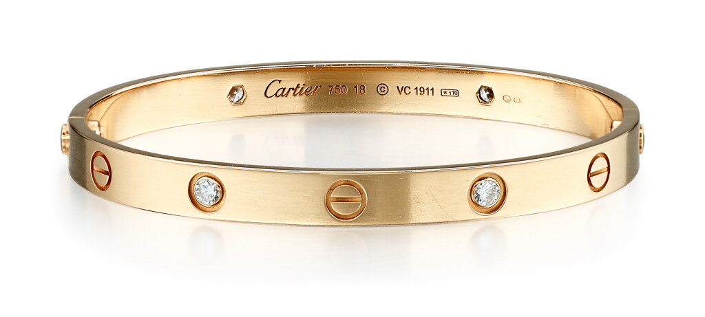 View full screen - View 1 of Lot 9174. GOLD AND DIAMOND BANGLE, 'LOVE', CARTIER | K金 配 鑽石 手鐲, 'Love', 卡地亞(Cartier).