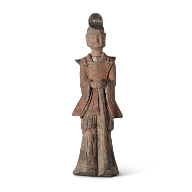 View full screen - View 1 of Lot 451. A rare painted pottery figure of a military official, Northern Wei dynasty.