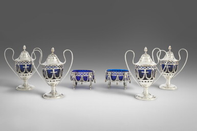View full screen - View 1 of Lot 679. A Set of Four Dutch Neoclassical Silver Condiment Vases and Two Matching Salts, Probably Southern Netherlands, Circa 1790.