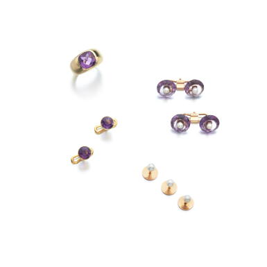View full screen - View 1 of Lot 1102. Pair of amethyst and seed pearl cufflinks, circa 1900, two sets of dress studs and an amethyst ring.