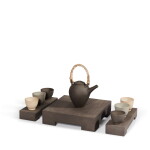 Teapot and Six Cups on Three Grounds