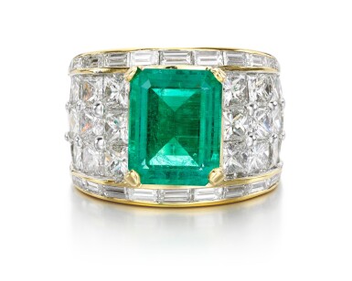 View full screen - View 1 of Lot 13. EMERALD AND DIAMOND RING.