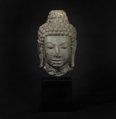 View full screen - View 1 of Lot 617. A stone head of Buddha, Thailand, Mon Dvaravati, 8th / 9th century.