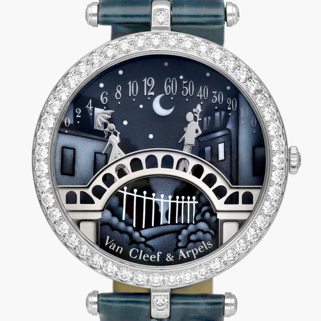 View full screen - View 1 of Lot 246. Lady Arpels 'Pont des Amoureux' | A white gold and diamond-set wristwatch with retrograde hours and minutes and enamel dial | Circa 2015.