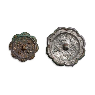 View full screen - View 1 of Lot 778. A parcel-gilt silver 'beast and bird' mirror cover and a bronze 'polo' mirror, Tang dynasty | 唐 局部銀鎏金鏡蓋及銅馬球紋鏡 一組兩件.