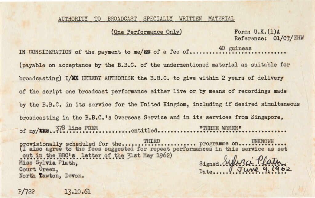 View full screen - View 1 of Lot 50. Sylvia Plath | Document signed, authorising the BBC broadcast of 'Three Women', 9 June 1962.