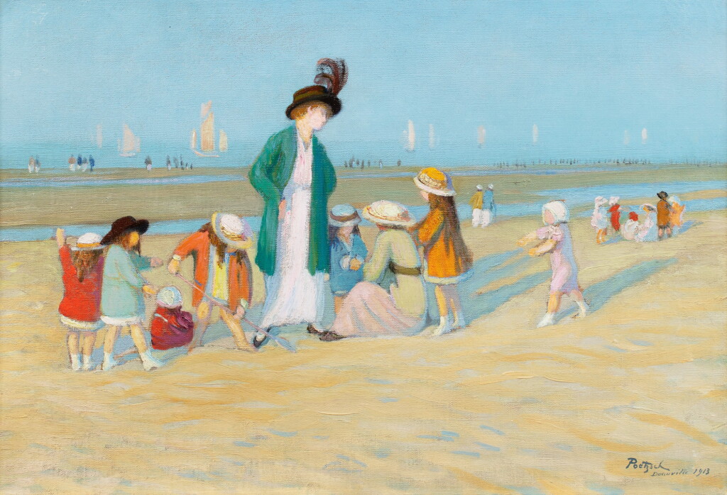 View full screen - View 1 of Lot 43. GUSTAVE POETZSCH | JEUNE FEMME ET ENFANTS SUR LA PLAGE, DEAUVILLE.