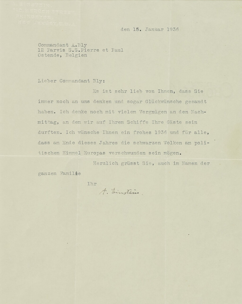 View full screen - View 1 of Lot 19. EINSTEIN, ALBERT | TLS TO COMMANDANT A. BLY, COMMENTING ON THE POLITICAL SITUATION IN EUROPE, 1 P, 15 JANUARY, 1936..