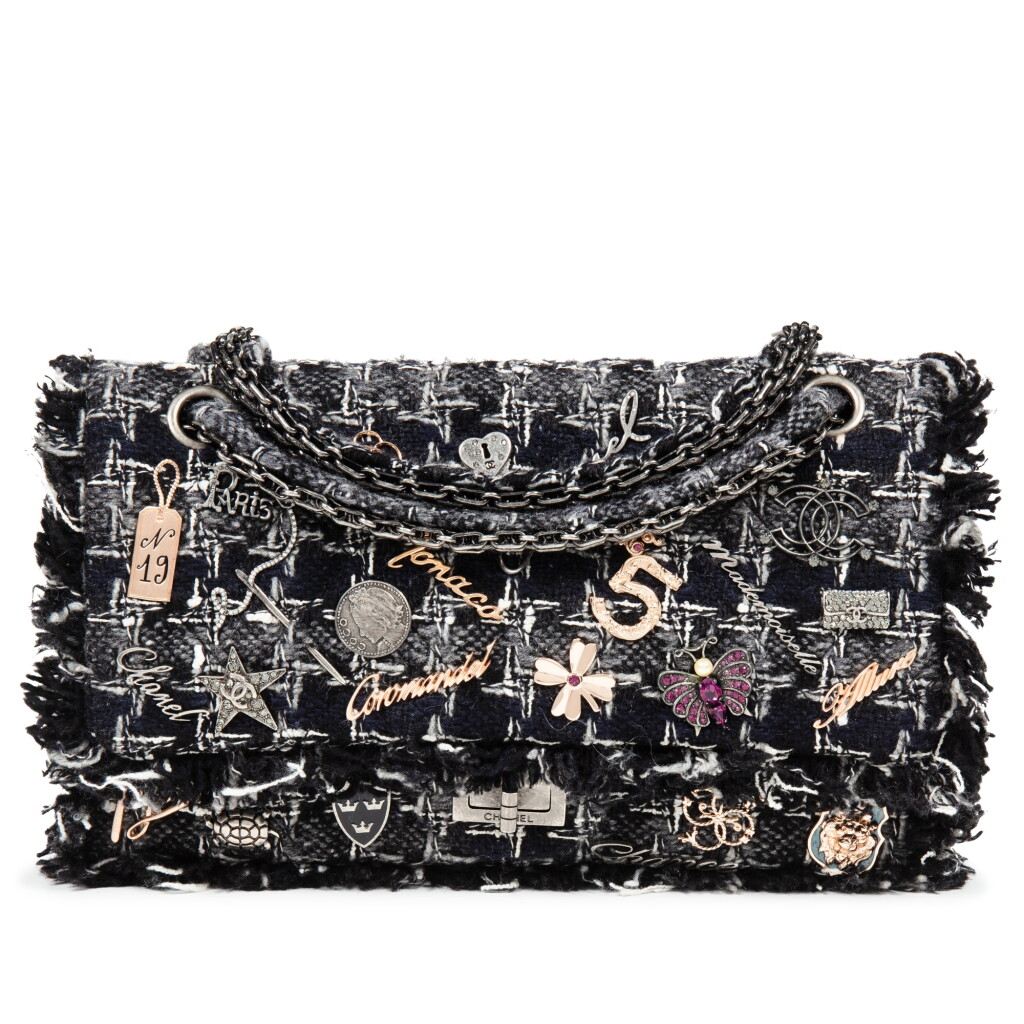 View full screen - View 1 of Lot 5. Dark Blue, Black, Grey and White Tweed and Lucky Charms 2.55 Medium Double Flap Silver Hardware, 2006-2008.