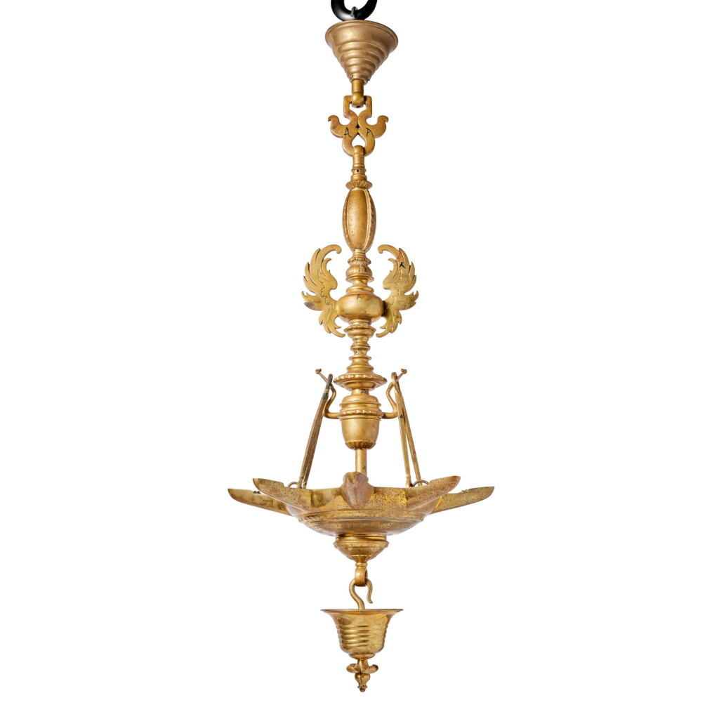 View full screen - View 1 of Lot 49. A Large Bronze Hanging Sabbath Lamp, possibly Alsace, with 1851 inscription.
