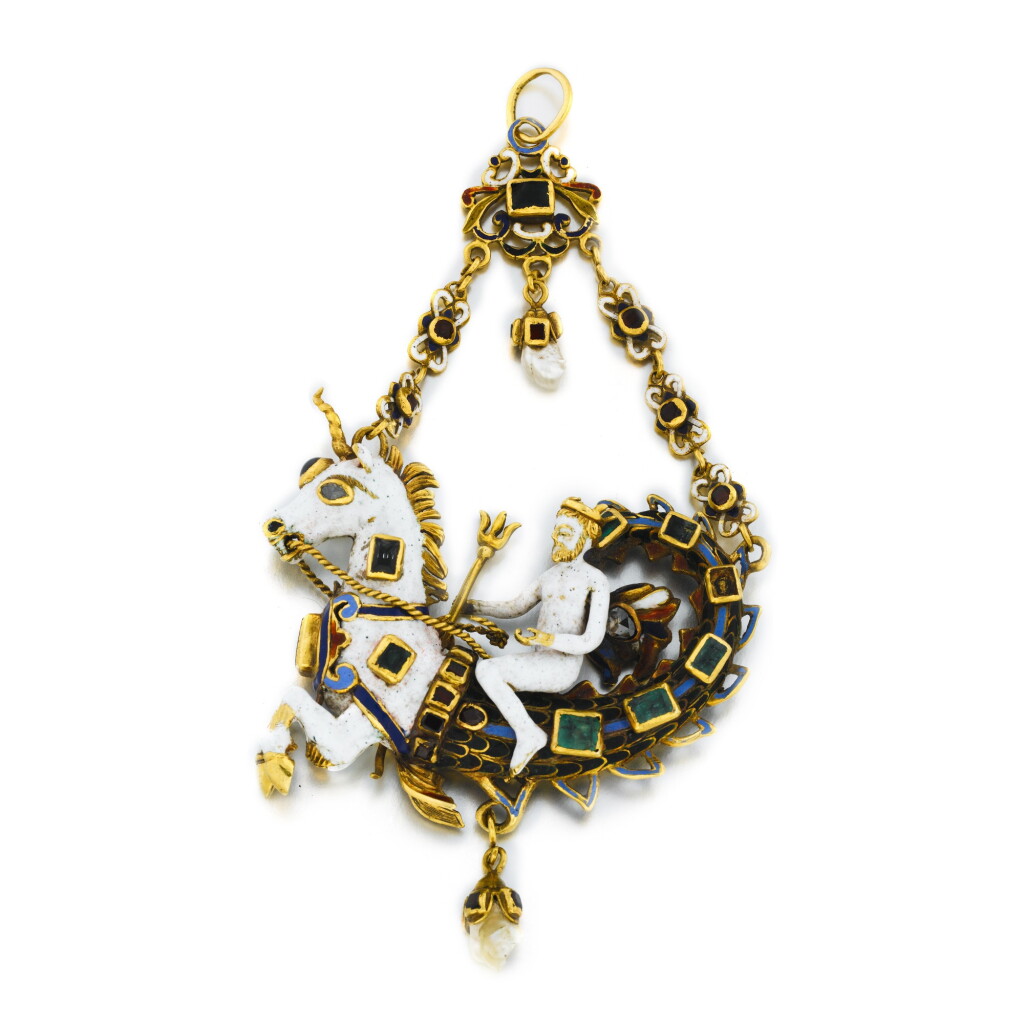 View full screen - View 1 of Lot 1042. An enamel and gem-set Renaissance revival pendant with Neptune, mid 19th century.