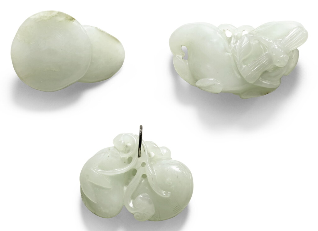 View full screen - View 1 of Lot 372. A STUDY GROUP OF THREE PALE CELADON JADE CARVINGS QING DYNASTY, 19TH CENTURY | 清十九世紀 青白玉瓜果把件一組三件.