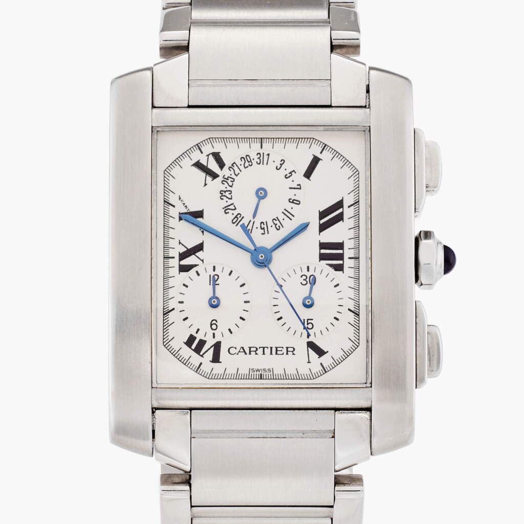 View full screen - View 1 of Lot 390. Reference 2303 Tank Française Chronoflex | A stainless steel chronograph wristwatch with date and bracelet, Circa 1995.