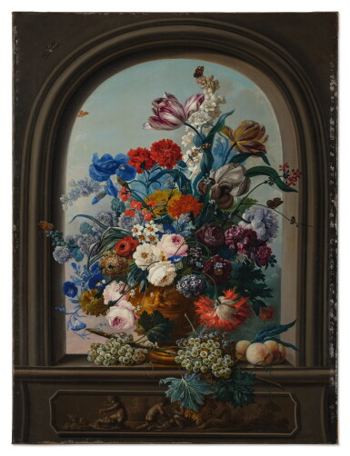 View full screen - View 1 of Lot 10. A Lavish Arrangement of Flowers and Fruit Set in a Niche Above a Grisaille Painted Cartouche of Putti.