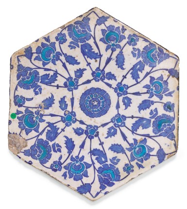 View full screen - View 1 of Lot 278. AN IZNIK HEXAGONAL BLUE AND TURQUOISE POTTERY TILE, TURKEY, FIRST-HALF 16TH CENTURY.