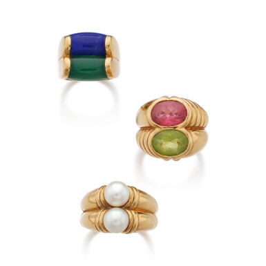 View full screen - View 1 of Lot 858. Three Gold, Gem-Set and Cultured Pearl Rings.