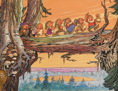 View full screen - View 1 of Lot 7. SNOW WHITE AND THE SEVEN DWARFS (1937) ORIGINAL ARTWORK FOR THE BRITISH FRONT OF THE HOUSE LOBBY CARDS FOR THE 1940s RE-RELEASE.