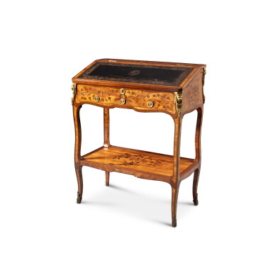 View full screen - View 1 of Lot 47. A Louis XV gilt-bronze mounted tulipwood, kingwood and amaranth veneered writing desk, circa 1750, stamped by Nicolas Petit | Meuble à écrire en marqueterie de bois de rose, bois de violette, amarante et bronze doré d'époque Louis XV, vers 1750, estampille de Nicolas Petit.