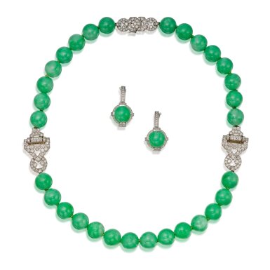 View full screen - View 1 of Lot 90. Jadeite and Diamond Necklace and Pair of Earclips, Paris.