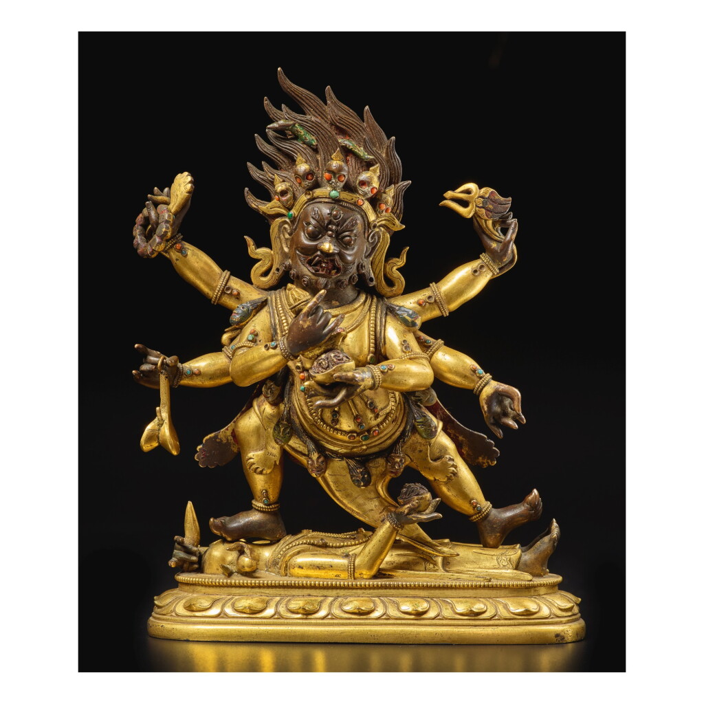 View full screen - View 1 of Lot 172. A gilt copper alloy figure of Shadbhuja Mahakala, Qing dynasty, 18th century | 清十八世紀 銅鎏金大力王紅瑪哈嘎啦像.