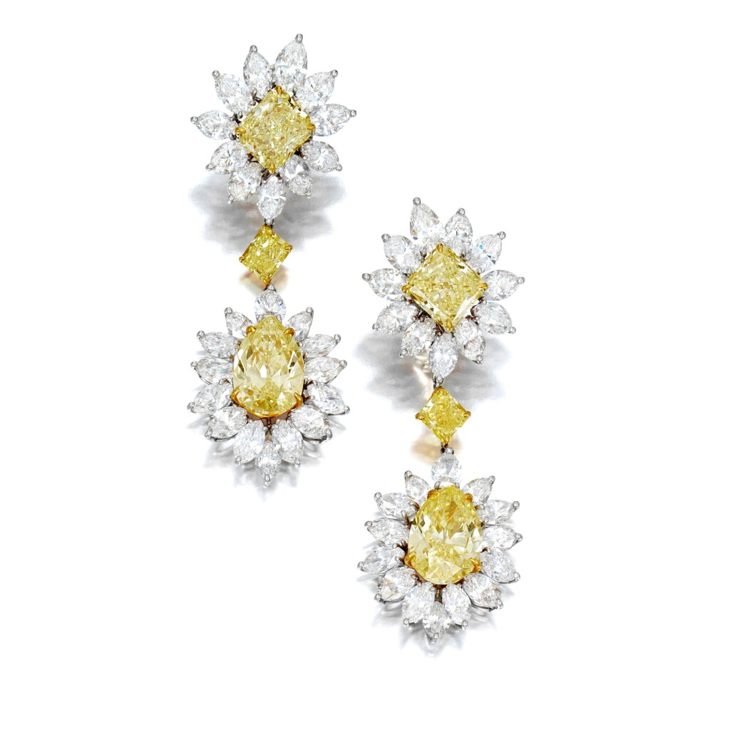 View full screen - View 1 of Lot 36. Pair of Fancy Yellow Diamond and Diamond Pendant-Earclips.