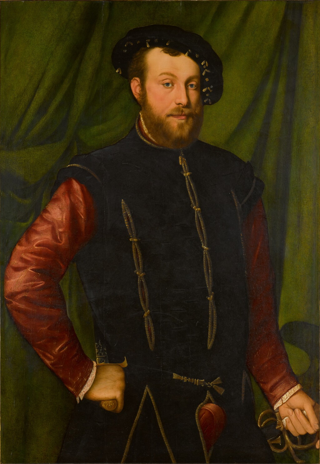 View full screen - View 1 of Lot 121. Portrait of a gentleman, three-quarter length, wearing a black cap, a black-slashed singlet over a red shirt, holding a sword and a dagger, standing before a green curtain.