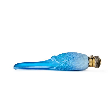 View full screen - View 1 of Lot 297. A Silver-Gilt-Mounted Thomas Webb and Sons Blue Cameo Glass Swan's Head Scent Bottle, Circa 1885.