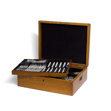 View full screen - View 1 of Lot 135. A cased set of Queens Pattern table silver for 12 persons, various makers, London and Sheffield, 1833-1902.