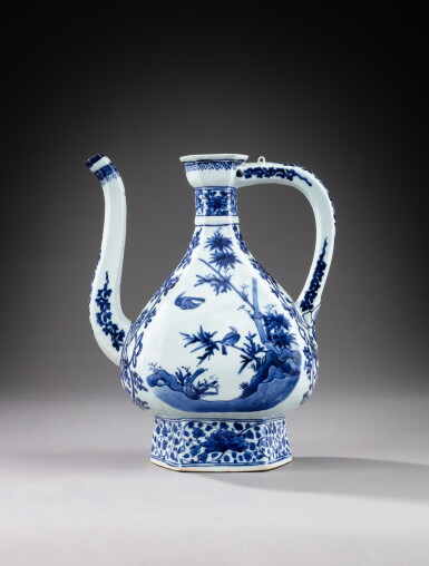 View full screen - View 1 of Lot 117. An Arita blue and white 'birds and flowers' ewer, Japan, Edo period, circa 1680 | 日本 有田町 江戶時期約1680年 青花壺花鳥紋壺.
