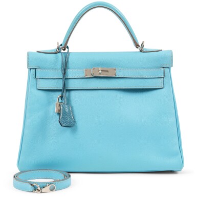 View full screen - View 1 of Lot 386. Limited Edition Bleu Céleste Epsom and Bleu Jean Verso Candy Kelly 32 Retourné Palladium Hardware, 2010.