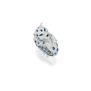 View full screen - View 1 of Lot 54. Cartier | Emerald, Sapphire, Onyx and Diamond 'Panthère' Ring.