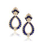 Pair of sapphire and diamond pendent ear clips, 1970s