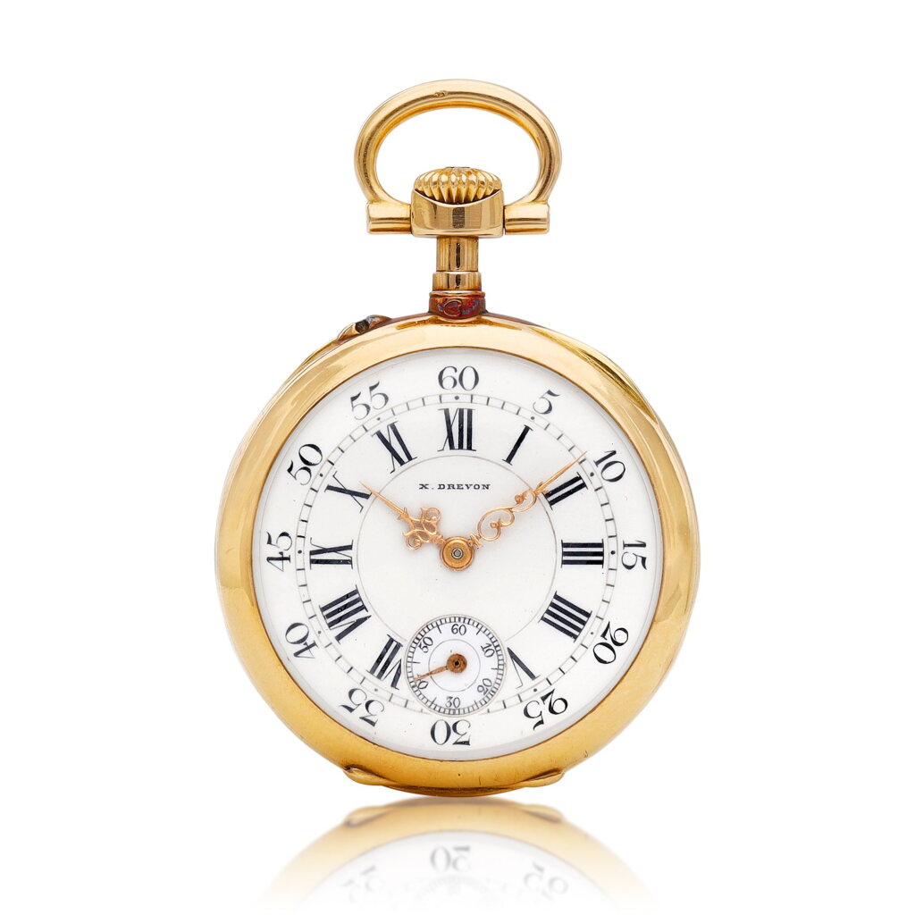 View full screen - View 1 of Lot 8093. A pink gold open face keyless watch with enamel dial, Retailed by X. Drevon, Circa 1890 | 江詩丹頓 | 粉紅金懷錶,備琺瑯錶盤,由 X. Drevon 發行,約1890年製.